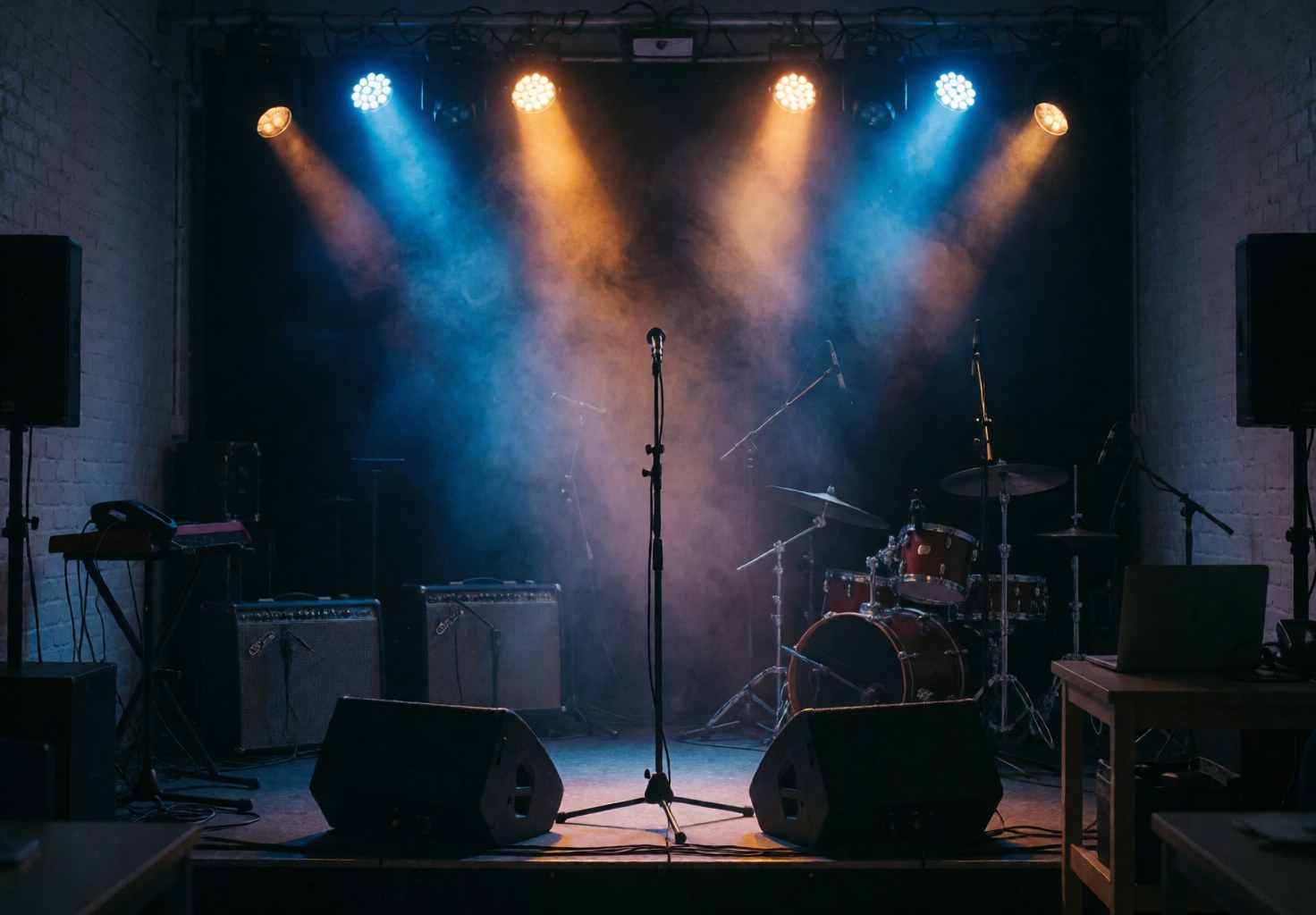 Concert stage featuring a central microphone, drum kit, speakers, and stage lights illuminating smoke against white brick walls