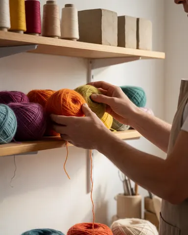 Hands selecting colorful yarn skeins in a craft workshop with wooden shelves and clay blocks illuminated by natural light