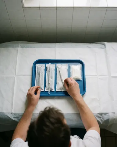 Hands arranging sterile medical instruments on a table covered with a white drape in a clean tiled room
