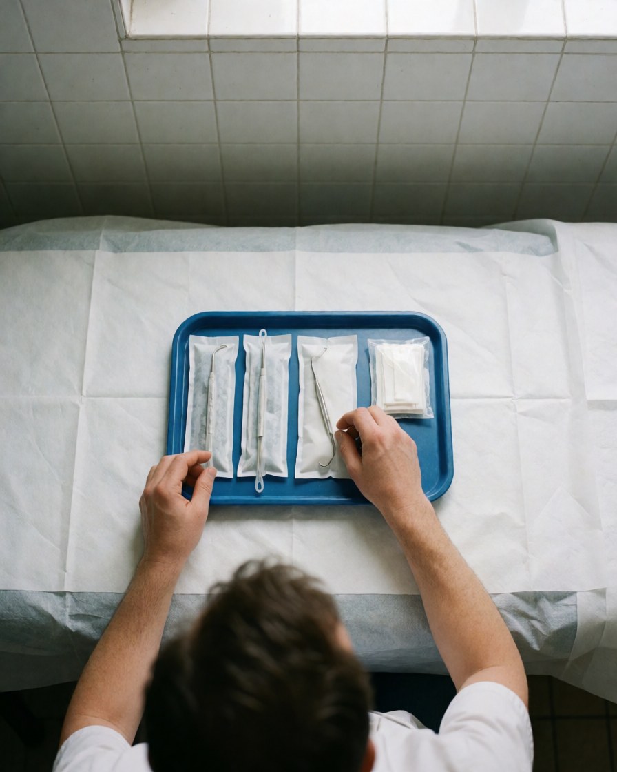Hands arranging sterile medical instruments on a table covered with a white drape in a clean tiled room