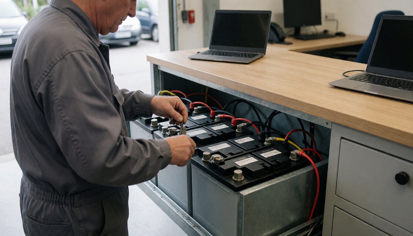 Technician connecting red and black cables to AGM batteries in a metal box inside a repair shop for campers