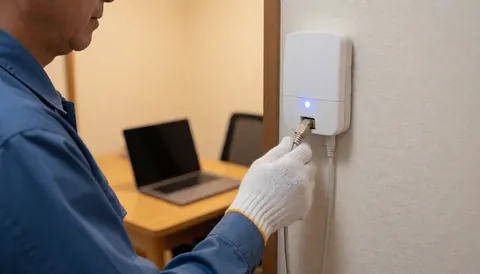 Technician wearing a glove connects a cable to a white signal repeater with a blue light mounted on an office wall.