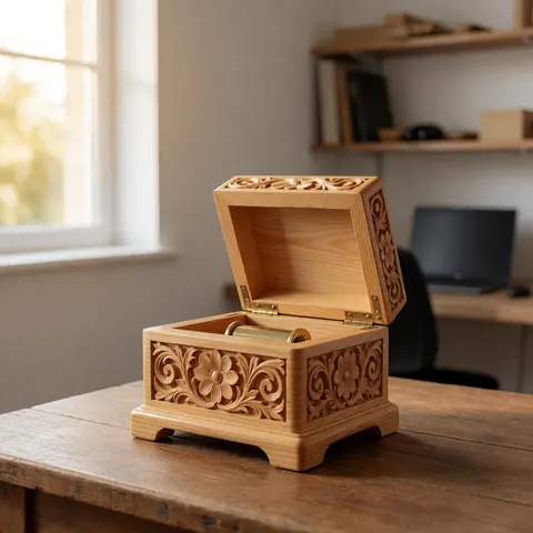 Open carved wooden box with floral details resting on a wooden table near a window with natural light, ideal for craft business product display