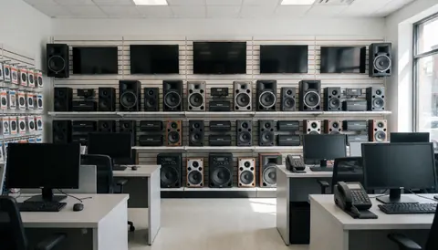 Clean and well-lit auto accessory store interior featuring a display wall of speakers, amplifiers, and monitors.