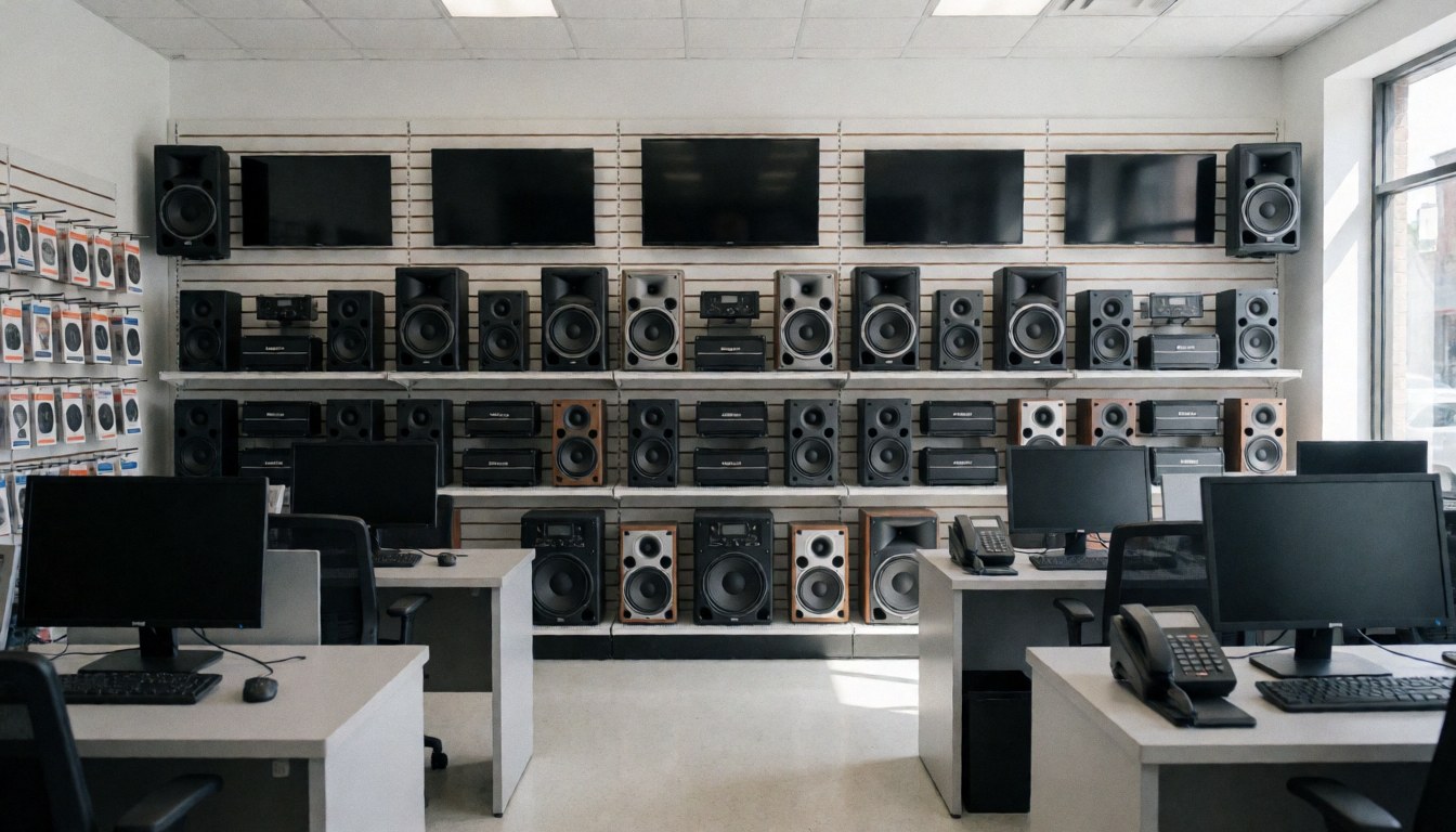 Clean and well-lit auto accessory store interior featuring a display wall of speakers, amplifiers, and monitors.