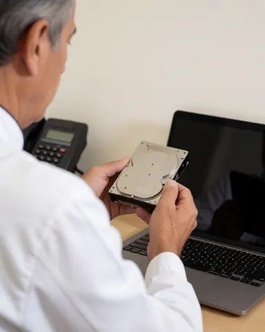 Close-up of technician hands inspecting a hard drive next to an open laptop on a desk.