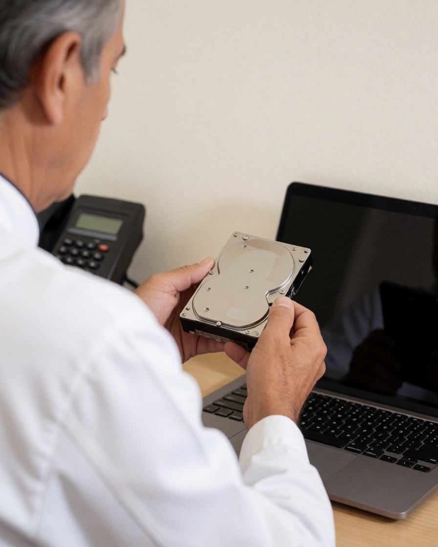 Close-up of technician hands inspecting a hard drive next to an open laptop on a desk.