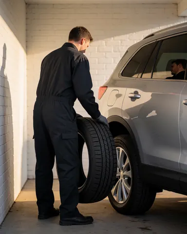 Mechanic lifts a tire in a garage with warm lighting, customer in vehicle, white brick wall