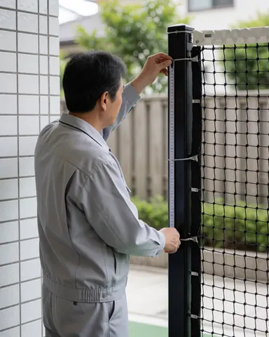 Technician measuring tennis net post with tape measure against white tiled wall