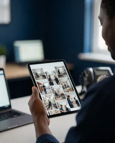 A client reviews a photo gallery on a tablet in a professional photography workshop setting with blue walls.
