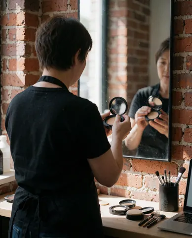 Professional makeup artist preparing a compact mirror in front of a mirror in a studio with a brick wall and natural light.