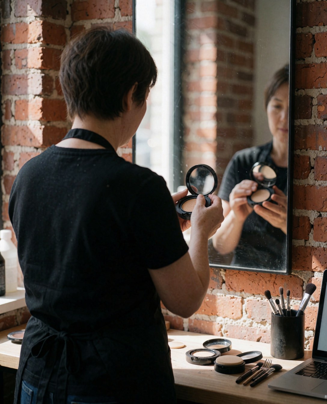 Professional makeup artist preparing a compact mirror in front of a mirror in a studio with a brick wall and natural light.