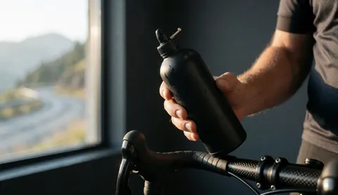 Close-up of a hand holding a black water bottle on a carbon bike handlebar with a mountain view at dawn and gray walls in the background