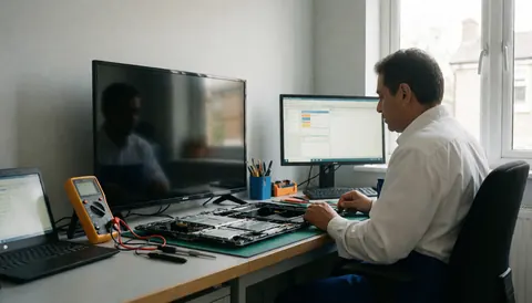Technician examining a disassembled television on a workbench using a multimeter and diagnostic software on a monitor near a window.