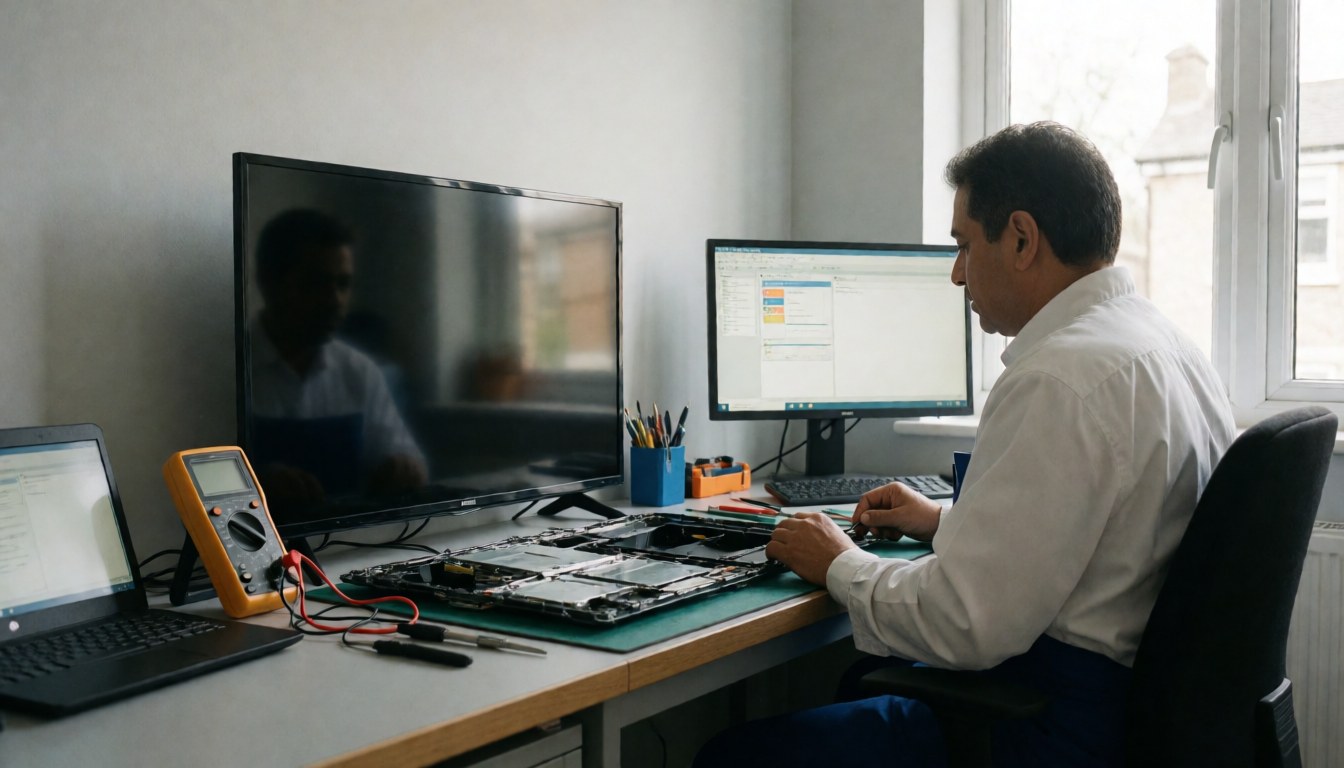 Technician examining a disassembled television on a workbench using a multimeter and diagnostic software on a monitor near a window.