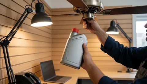 Technician applying oil to a ceiling fan motor during a repair service