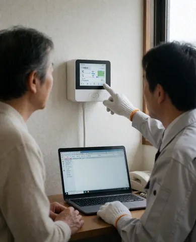 A plumber points a wall-mounted leak detector while a client watches from a desk with a laptop.