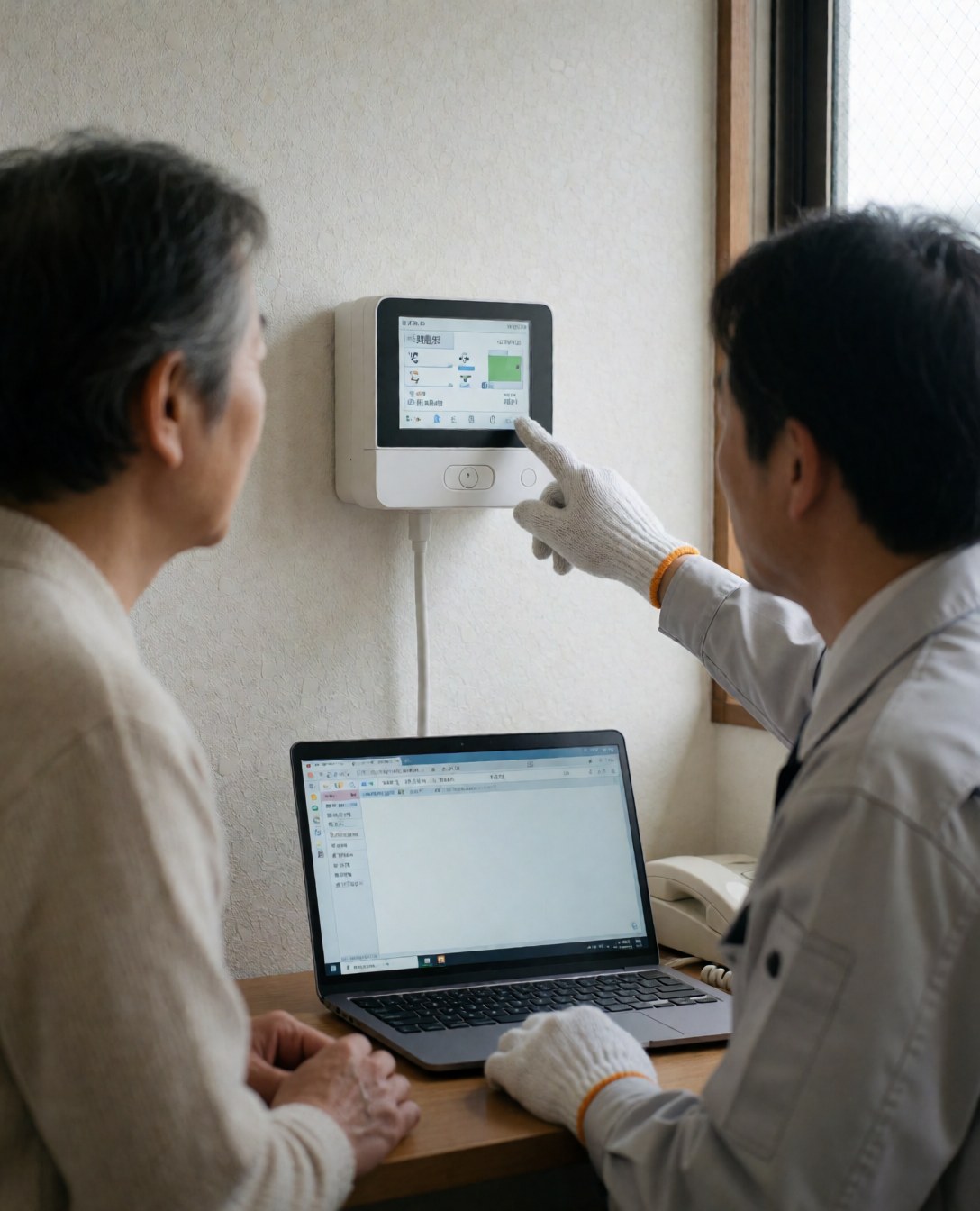 A plumber points a wall-mounted leak detector while a client watches from a desk with a laptop.