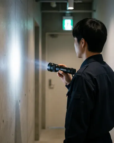 Security guard in dark uniform using a tactical flashlight to examine a concrete wall in a commercial corridor illuminated by an emergency exit sign