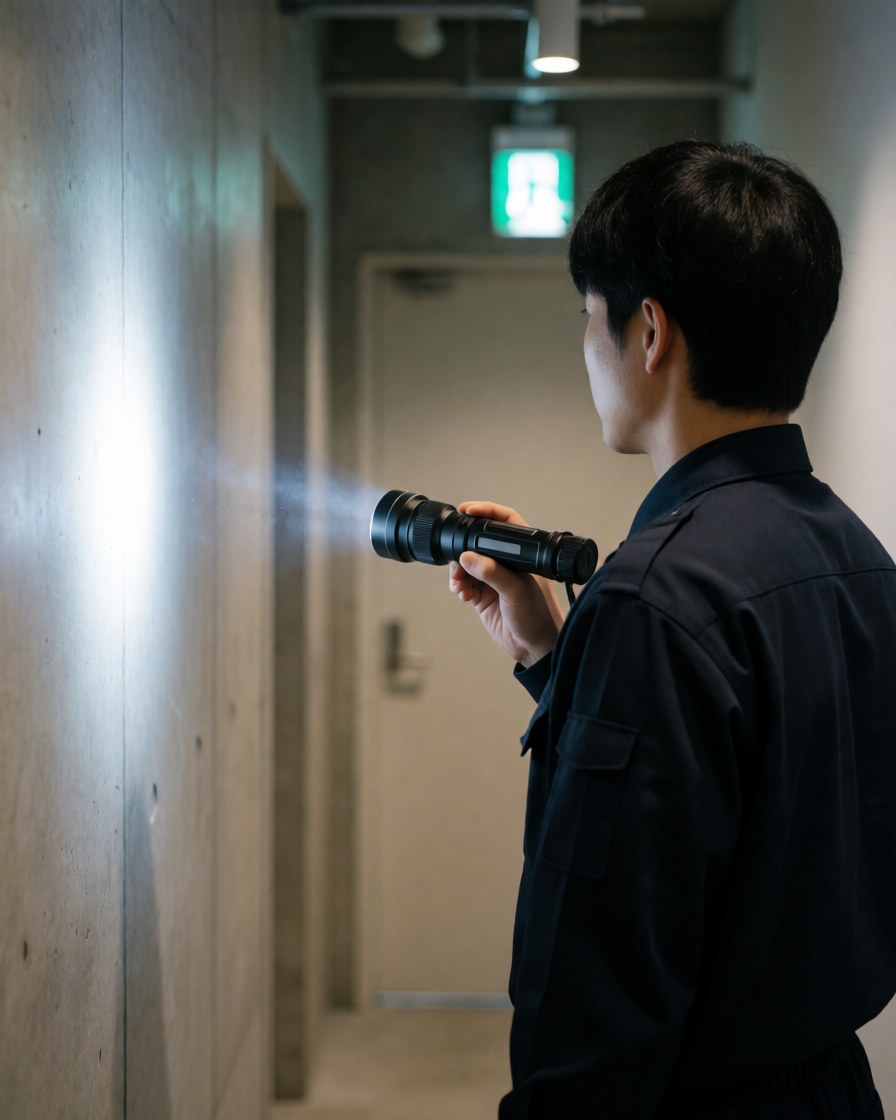 Security guard in dark uniform using a tactical flashlight to examine a concrete wall in a commercial corridor illuminated by an emergency exit sign