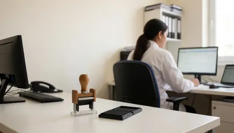 Close-up of a rubber stamp and computer on an office desk, with a person working in the background for administrative services.