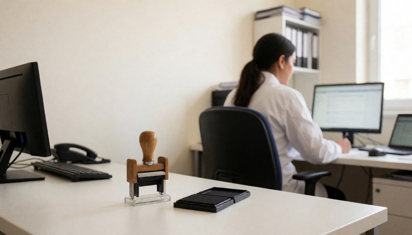 Close-up of a rubber stamp and computer on an office desk, with a person working in the background for administrative services.