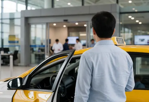 A passenger getting into a yellow taxi with the door open at a terminal.