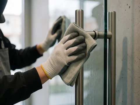 Close-up of gloved hands using a microfiber cloth to clean a metal door handle, with water droplets and a concrete wall in the background.