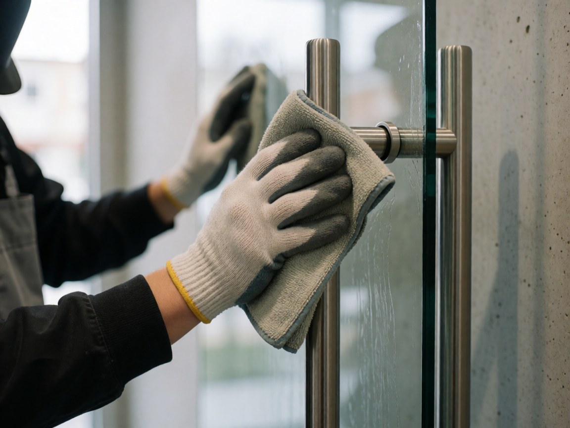 Close-up of gloved hands using a microfiber cloth to clean a metal door handle, with water droplets and a concrete wall in the background.