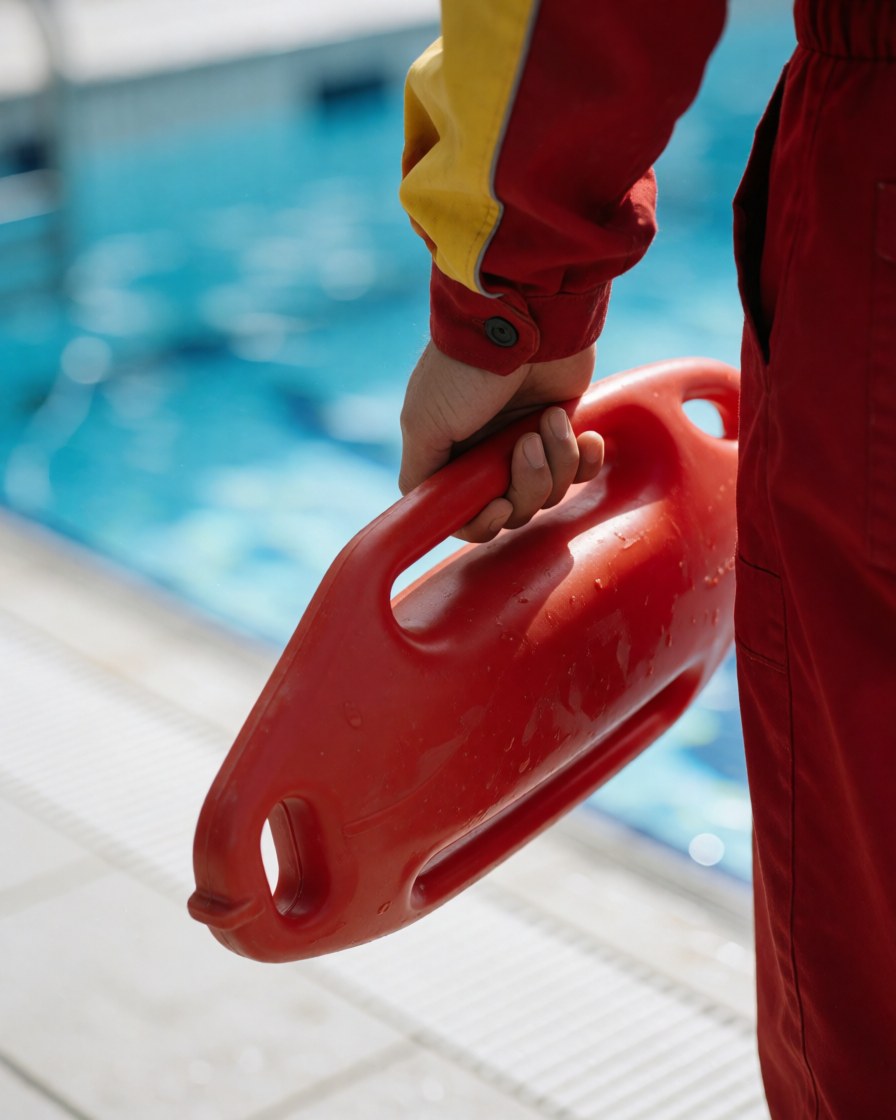 Close-up of a hand holding a red rescue buoy near a swimming pool with blue water and white tiles