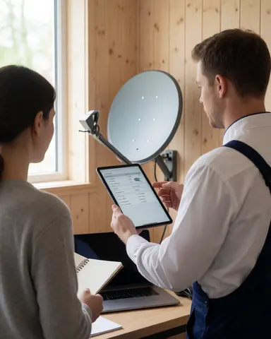 Antenna technician displays satellite signal information on a tablet to a client taking notes, with a visible satellite dish mounted on a wooden wall.