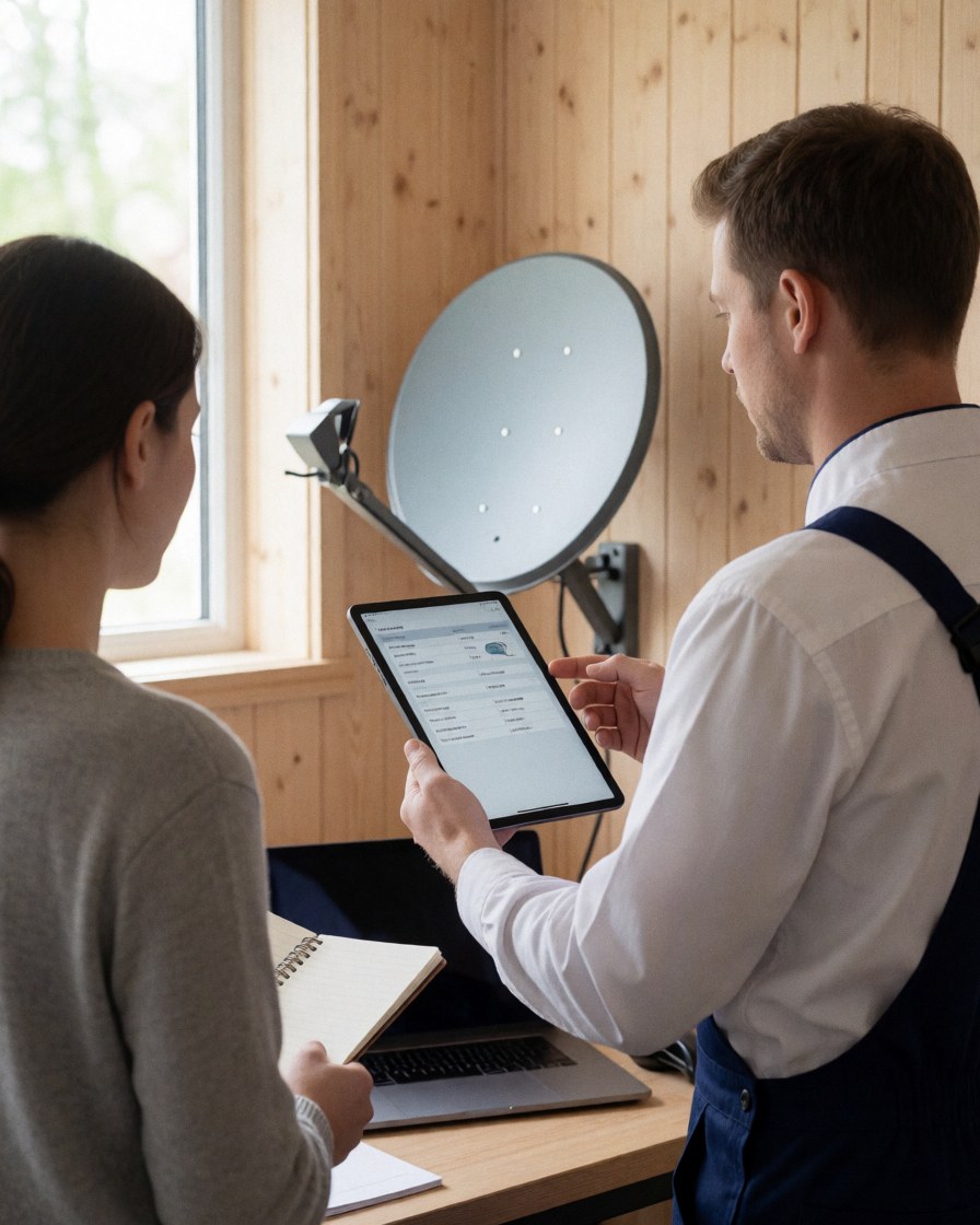 Antenna technician displays satellite signal information on a tablet to a client taking notes, with a visible satellite dish mounted on a wooden wall.