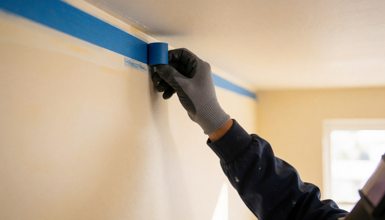 Close-up of a gloved hand applying blue painter's tape to a white wall in preparation for professional painting service