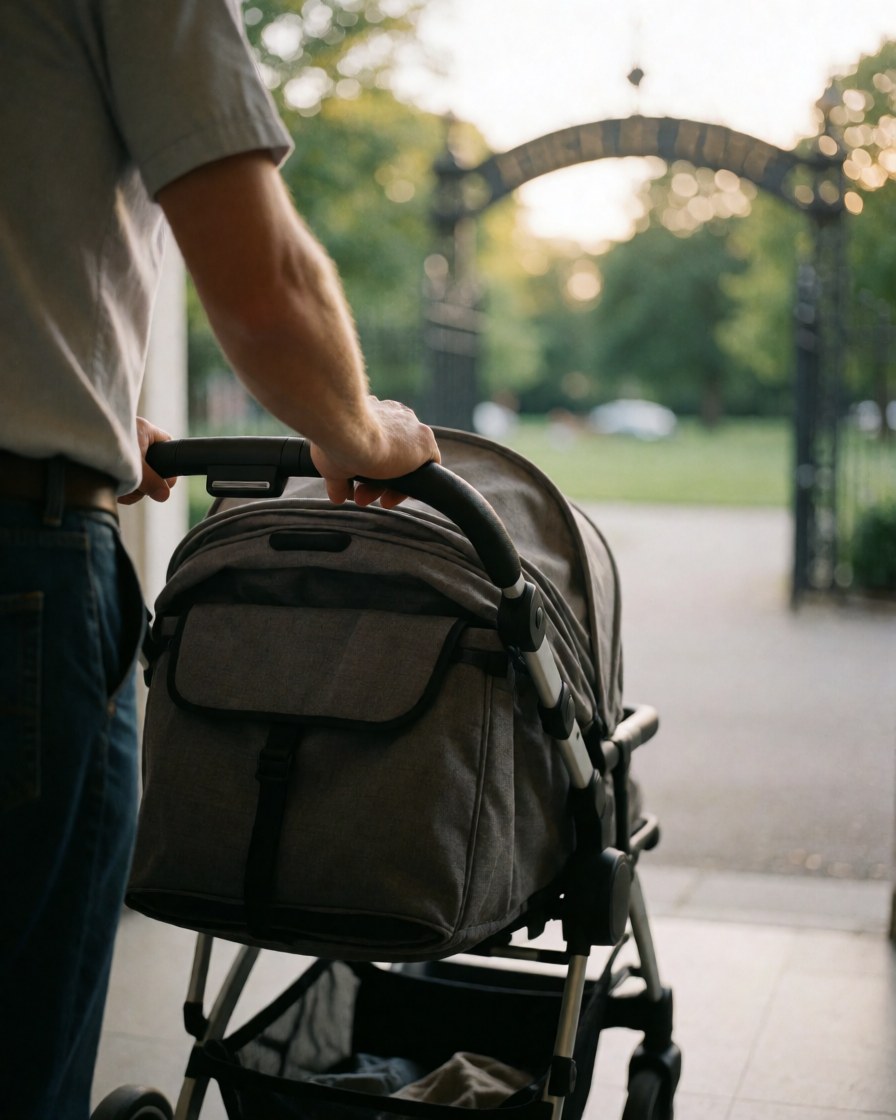 A hand pushes a stroller with a canopy toward an arched park gate under warm sunset light.