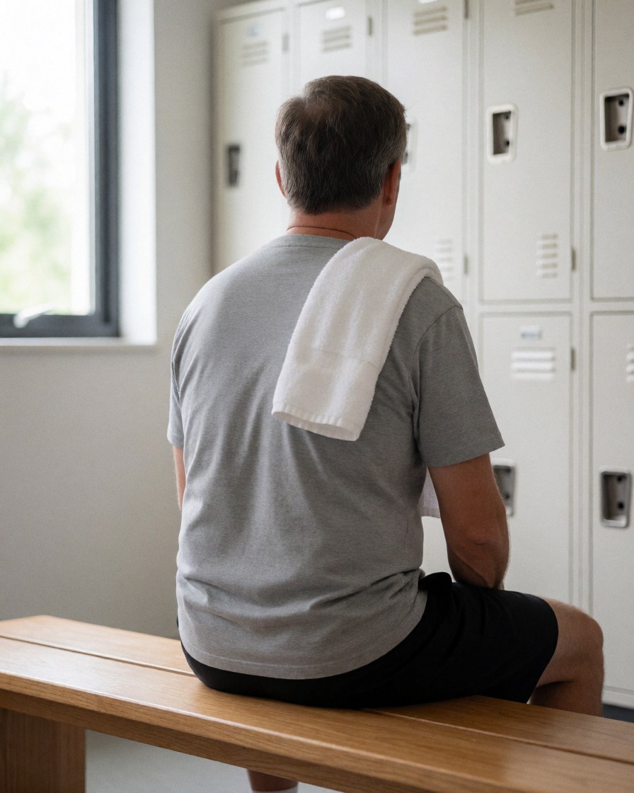 Soccer coach sitting on a bench in a locker room with a towel over his shoulder, facing lockers with natural light.