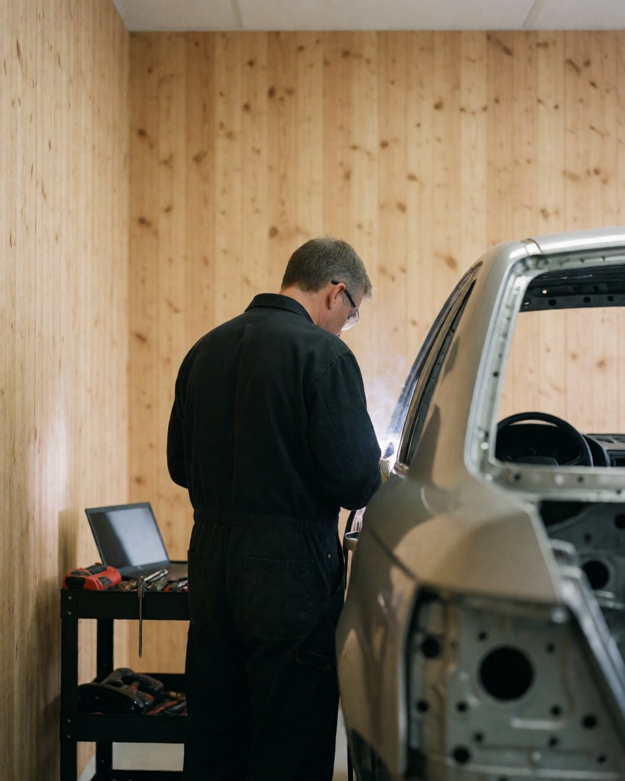 Technician welding the metal frame of a dismantled car in a workshop with light wood walls and tools on a cart.