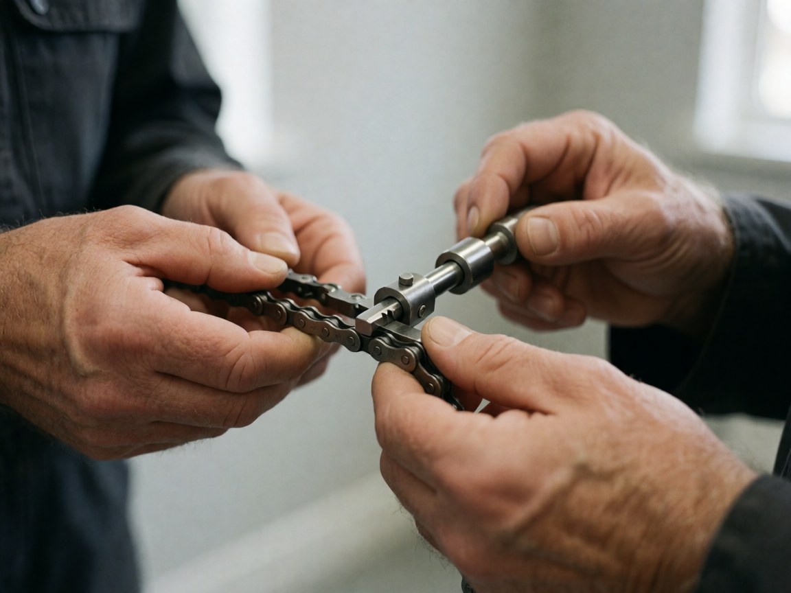 Close-up of hands using a chain measuring tool on a bicycle chain with a blurred background and light gray walls in a bike workshop