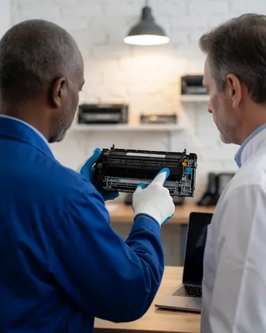 Technician in blue uniform displays a disassembled printer cartridge to a client in a workshop with white brick walls and warm lighting.