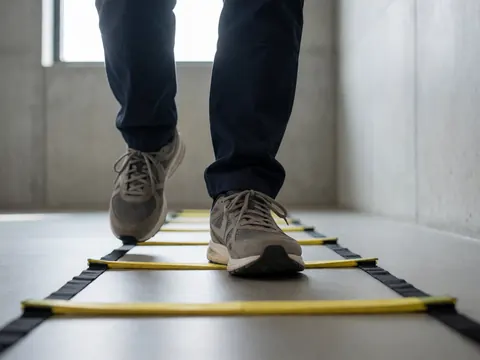 Feet in sneakers performing agility drills on a yellow ladder in a gym with concrete walls and natural light
