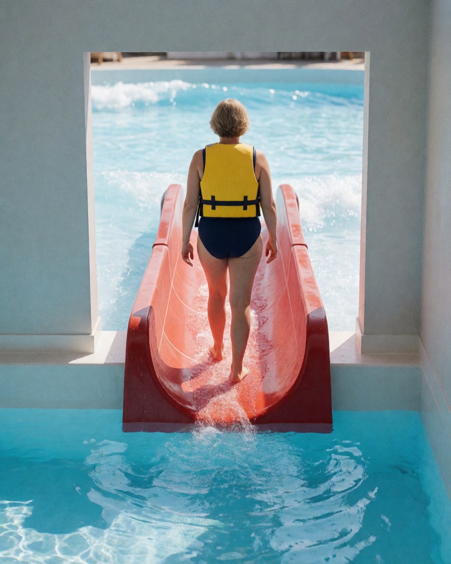 Back view of a person wearing a yellow life vest and blue swimsuit standing at the top of a curved red slide leading to a wave pool.