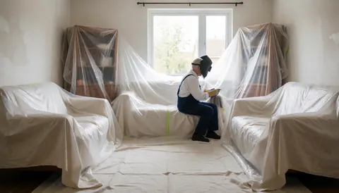 A man wearing a welding helmet works in a room with covered furniture and prepped walls, illuminated by natural light from a window.