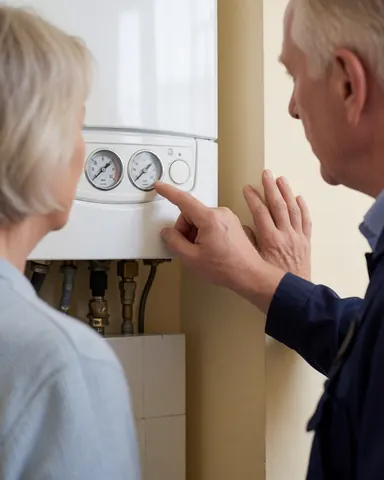 Heating repair technician points to a white boiler manometer while a client watches closely in a professional indoor setting.