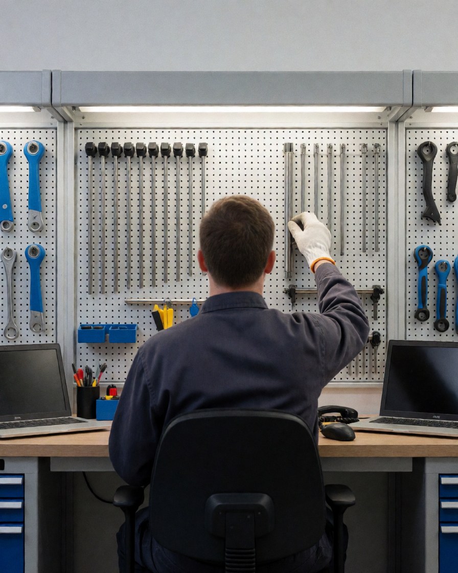 Auto body painter organizing tools in an orderly workshop with a pegboard wall and laptops.