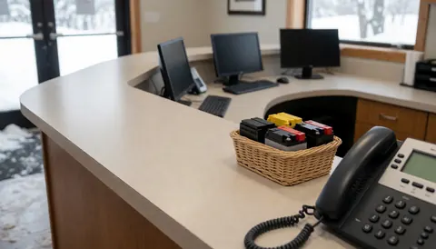 Reception desk in a mountain hut featuring a battery basket, telephone, and computers with snow visible through the window.