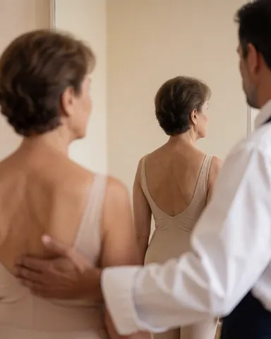 A dance teacher guides a female student in a leotard to correct her posture while facing a large mirror in a dance studio with beige walls.