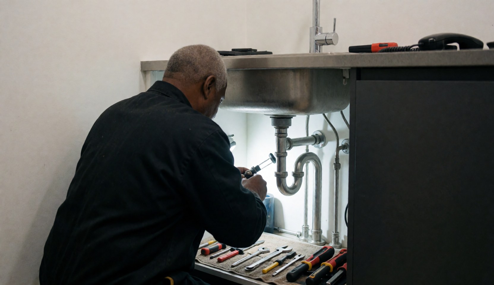 Plumber working under commercial sink with stainless steel pipes and tools on towel, bright lighting.