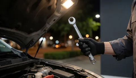 Mechanic holding wrench near open car hood illuminated by work light on street with gray wall