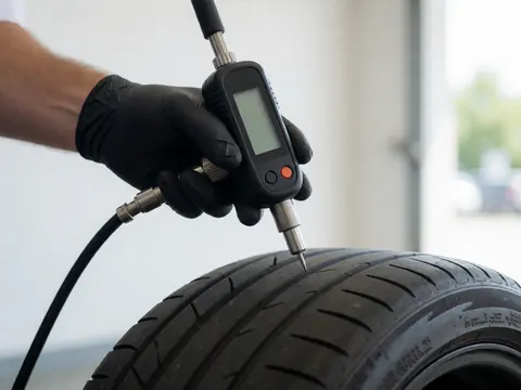 Close-up of a hand wearing a black glove using a digital gauge to check tire pressure in a tire shop.