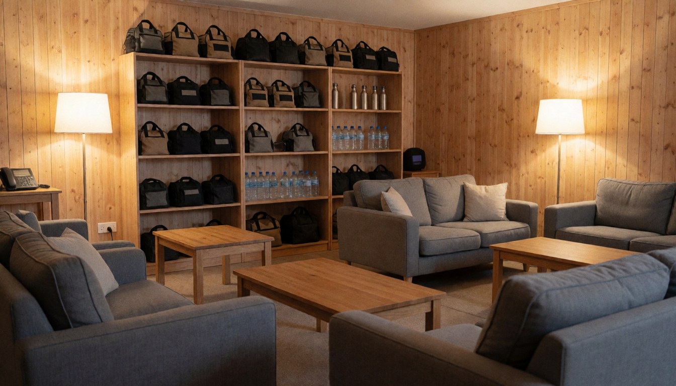 Gray sofas and wooden tables in a climbing gym with shelves holding chalk bags and water bottles