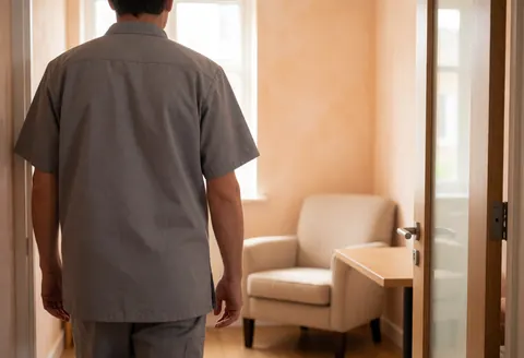 A hypnotherapist walks into a professional therapy room featuring a chair, table, and warm terracotta walls.